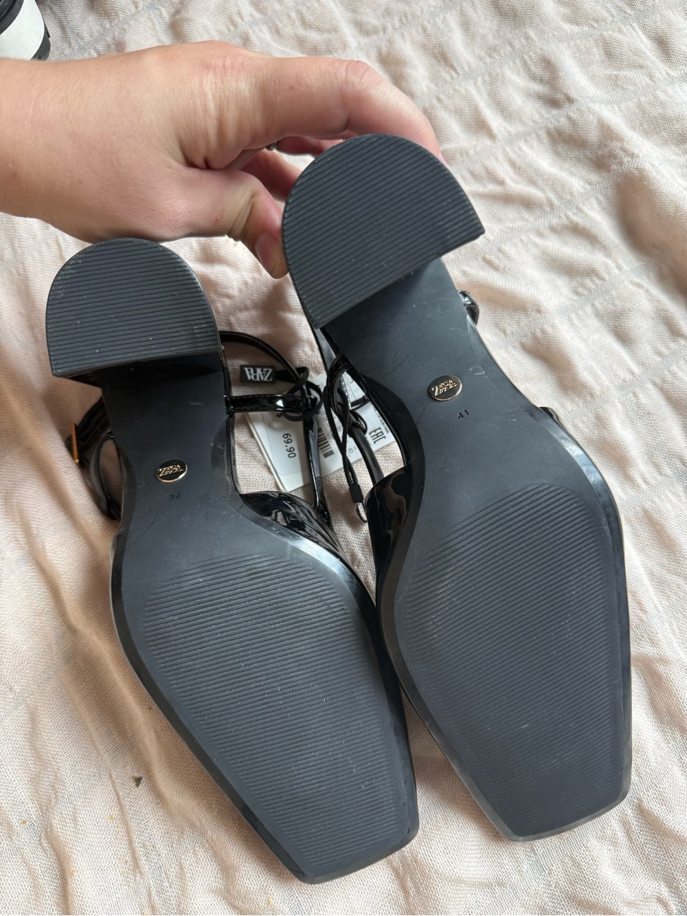 Zara Black Patent Slingback Heels with Gold Buckle Accent - Picture 5 of 5